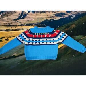 VTG 70S Kids Fair Isle Knit Sweater Blue White Crew neck Sz L 6/7 Little Alumnus